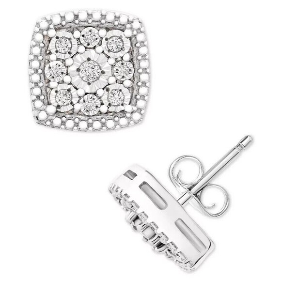 Diamond Cushion Cluster Square Stud Earrings 1/10 ct. t.w. Sterling Silver $200 - Picture 1 of 3